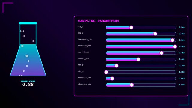 A futuristic prompt engineering UI displays dynamic changes as bubbles rise through glass beakers while vibrant neon sliders adjust across a dark cybernetic digital control dashboard interface.