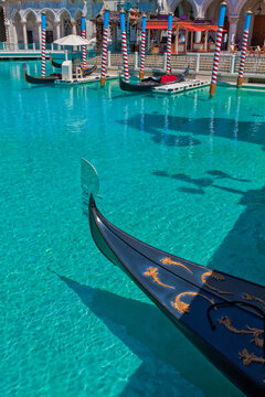 Venetian Style Gondolas Docked on Replica of The Grand Canal,  Las Vegas, Nevada, USA