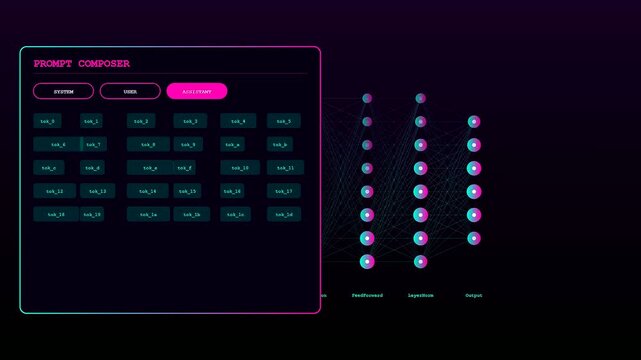 Dynamic Prompt Engineering UI showcasing digital tokens populating a dark interface. Features a glowing neural network visualization representing advanced artificial intelligence processing.
