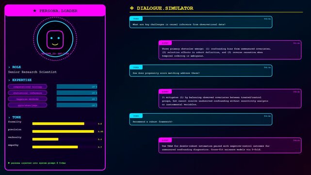 A sleek and dark prompt engineering UI features glowing pink and blue interface elements for simulating a senior research scientist persona during an advanced data analysis session