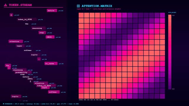 A dark screen displays a complex Prompt Engineering UI featuring neon pink data streams and a scrolling attention matrix that visualizes neural network processing power