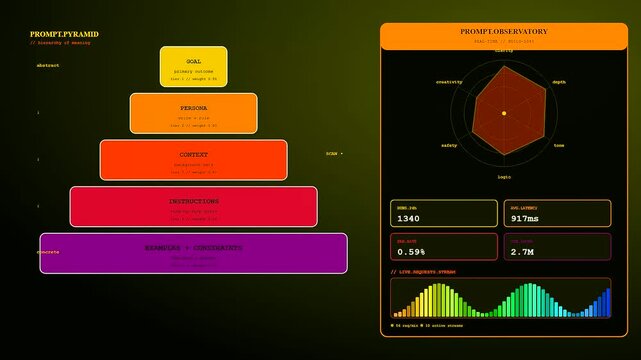 A futuristic Prompt Engineering UI dashboard dynamically populates with a hierarchical pyramid of data and glowing radar charts within a dark digital command center environment
