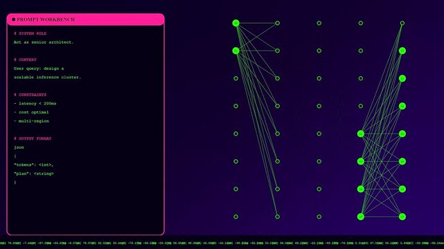 In a dark digital workspace, this Prompt Engineering UI displays complex code instructions next to an evolving green neural network graph visualization with neon aesthetics.