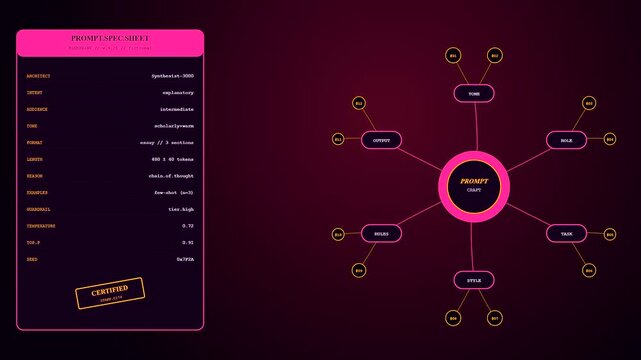 This futuristic prompt engineering UI transitions smoothly through a dark digital workspace showing an analytical mind map and detailed specification sheets with glowing neon pink accents