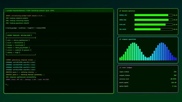 Sequential digital elements of a Prompt Engineering UI activate across a dark screen as terminal text scrolls and system resource graphs flicker with luminous green light