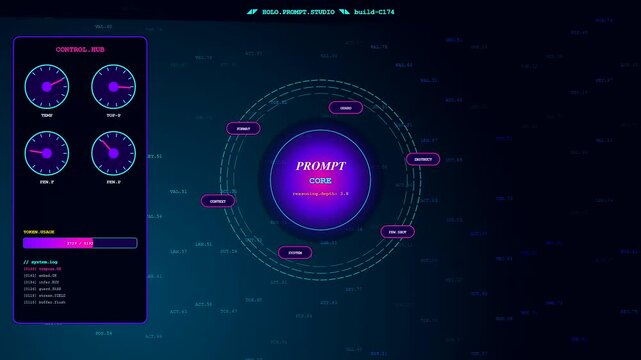 This futuristic prompt engineering UI features glowing dials and rotating orbital nodes that pulsate with neon light while digital data streams across a dark technological background.