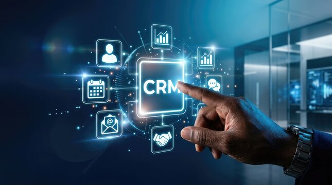 Crm concept customer relationship management system with digital interface and hand interaction