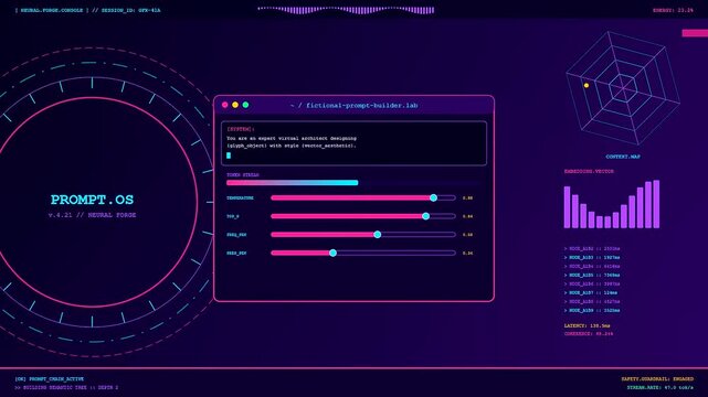 Dynamic elements within this Prompt Engineering UI fluctuate and update as sliders move and radar charts shift on a high-tech purple digital control console interface.