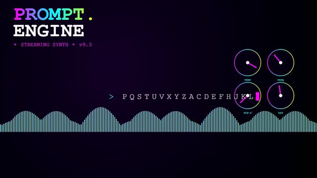 This futuristic prompt engineering UI displays an evolving digital interface with glowing wave visualizers and rotating dials against a dark atmospheric background for tech concepts.