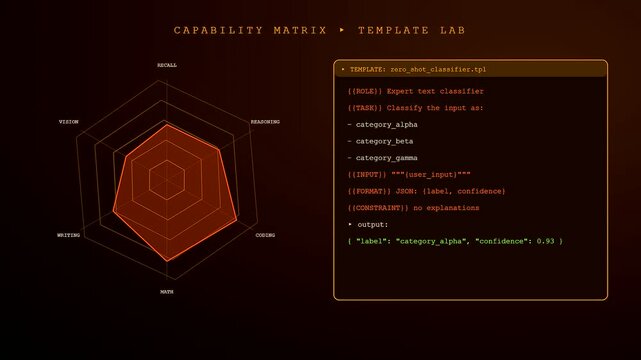 This futuristic prompt engineering UI interface shows a capability matrix being updated in real time as AI model parameters and classification outputs are processed.