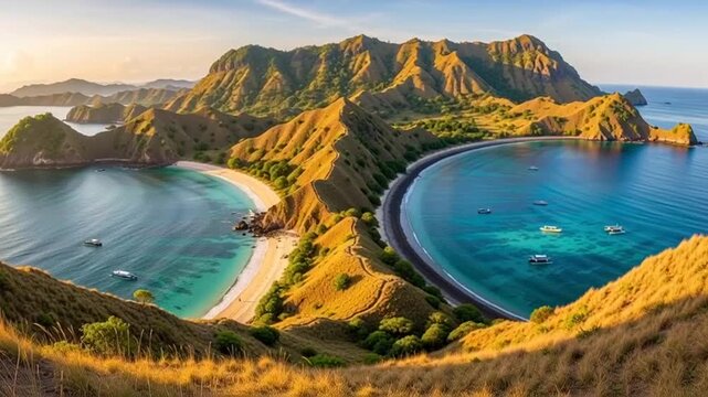 Breathtaking aerial view of Padar Island's iconic tri-colored beaches and lush hills at sunset.