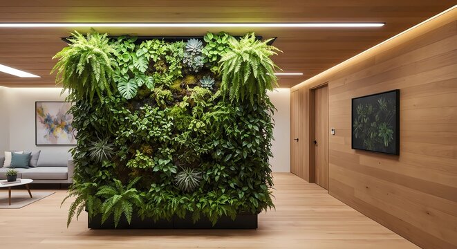  Biophilic Wellness Symphony Contemporary subterranean workspace integrating organic foliage and tactile realism