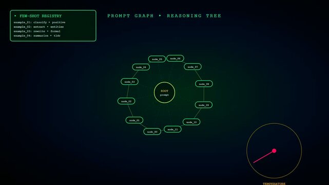 A sleek digital visualization of a Prompt Engineering UI where a complex reasoning tree expands dynamically with glowing green nodes across a dark technological background