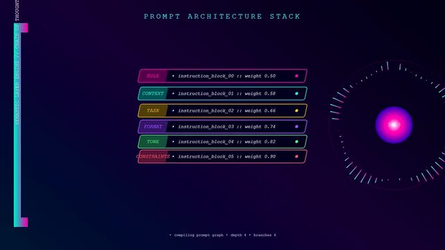 A sophisticated digital interface displays a dynamic Prompt Engineering UI featuring animated instruction blocks and a glowing central core representing deep neural network processing for automation.