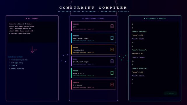 A sleek and modern Prompt Engineering UI showcases an automated process of extracting data from text into structured blocks with glowing neon colors and code.