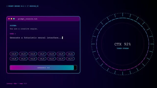 A sleek dark mode Prompt Engineering UI displays an evolving text prompt with animated token chips and circular data gauges glowing in neon purple and teal.