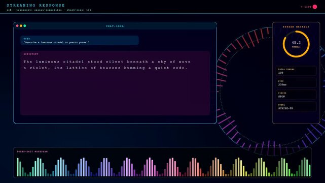 A modern Prompt Engineering UI showcases a streaming text response generating in real time alongside circular progress gauges and a colorful animating waveform across the dark digital dashboard