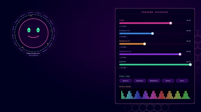 In a dark digital workspace, a sleek Prompt Engineering UI features animated sliders and style tags adjusting persona parameters for an artificial intelligence character avatar.
