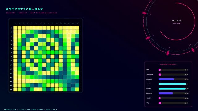An advanced prompt engineering UI visualization shows dynamic data shifting across grid-based attention maps with pulsing neon gauges and flickering bar charts in a dark digital space.