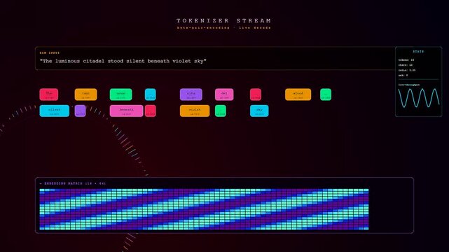 A sophisticated prompt engineering UI visualizes the live tokenization of a descriptive sentence while colorful embedding matrix patterns move across a dark digital screen interface.