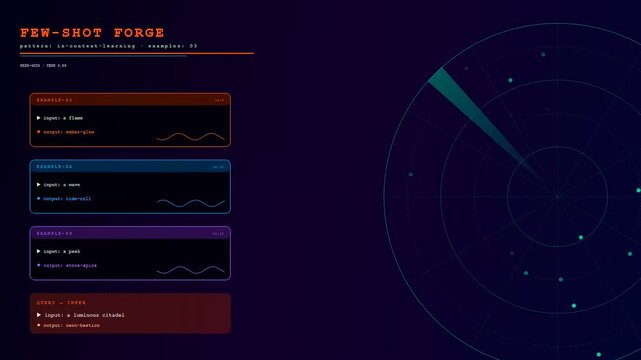 A sophisticated Prompt Engineering UI visualizes large language model training data using a dark tech aesthetic with glowing radar scans and colorful text input panels.