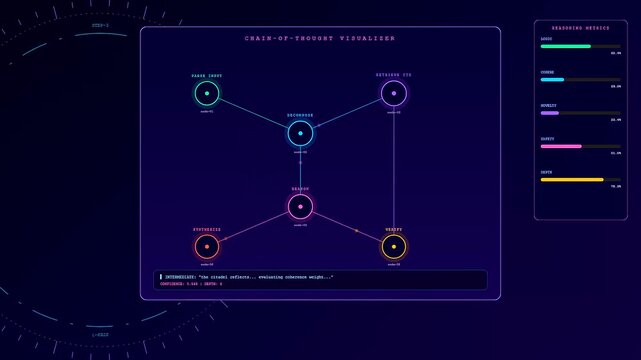 This futuristic prompt engineering ui visualizes complex artificial intelligence reasoning processes through a dynamic node graph and glowing digital metrics on a dark tech background.