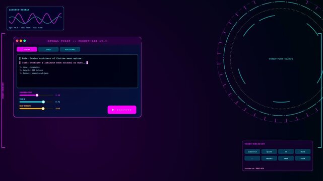 This cinematic video shows a Prompt Engineering UI where text is being typed into a dark digital dashboard with glowing neon aesthetic elements for artificial intelligence creative generation