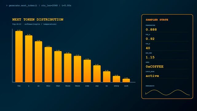A dynamic Prompt Engineering UI displays real-time data visualization of large language model sampling parameters with glowing orange bars fluctuating across a dark digital interface screen