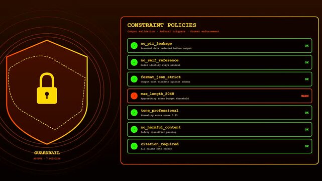 A sophisticated Prompt Engineering UI animates through security guardrail checks and constraint policies on a dark digital dashboard with glowing orange icons and green status progress