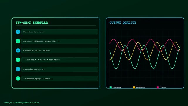 A sleek digital visualization of a Prompt Engineering UI displays text prompts appearing sequentially alongside fluctuating colorful waves that track machine learning performance and model quality