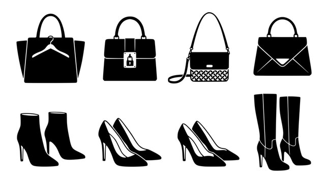 Collection of stylish handbags and high heel shoes for women