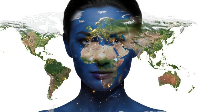 Human face with world map texture showing global connectivity and environmental awareness