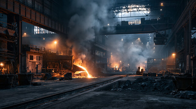 Industrial Workshop Scene with Sparks and Heavy Machinery at Night Shift in Steel Manufacturing Factory