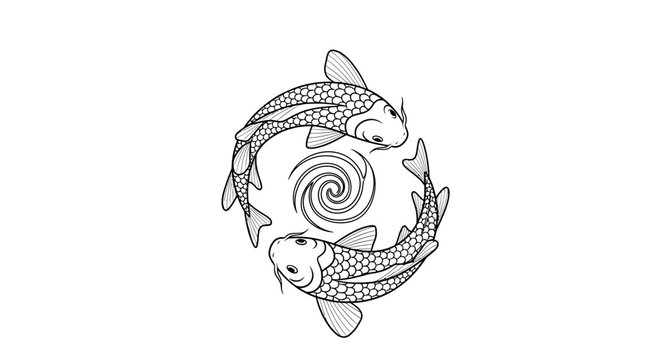 Yin Yang Koi Fish Symbol Tattoo Design, Black and White Line Art Illustration