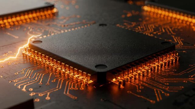 Technological Core: A close-up view of a high-tech processor at the heart of modern computation, with illuminated pathways and intricate circuitry.