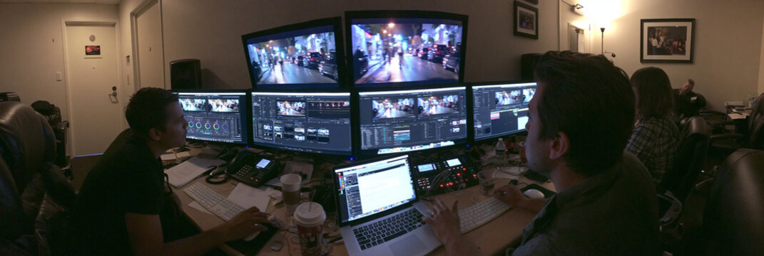 Professional Video Editing Workstation: Multiscreen Setup for Creative Teams in Digital Media Production