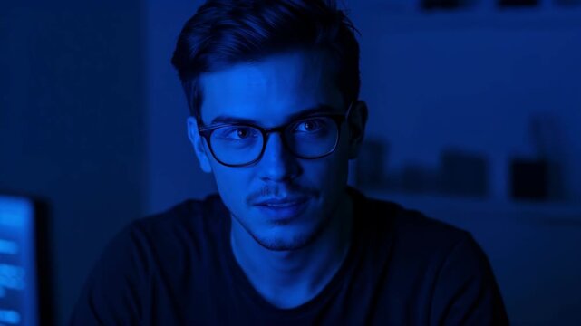 Intrigued Gaze: A man with glasses, bathed in a cool blue light, looks on with a curious and introspective expression.