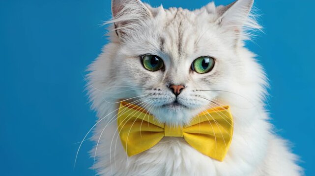 Cat Elegance: A distinguished cat dons a charming yellow bowtie, embodying sophistication. This elegant portrait showcases the beauty of the feline form and a hint of playful style.