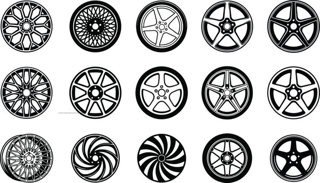 Car wheel rim icon set with alloy spoke designs automotive vector illustration collection