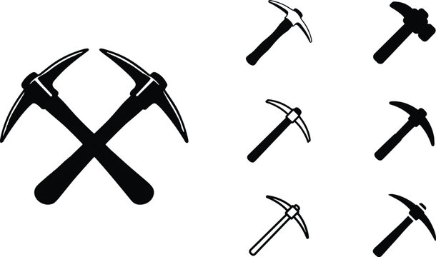 Crossed mining pickaxe icon set with excavation tools silhouette vector illustration collection