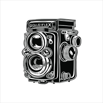 Detailed line art illustration of a vintage twin-lens reflex camera with film camera, black and white