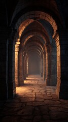 Fototapeta premium Ancient Stone Archway Corridor in Dimly Lit Tunnel