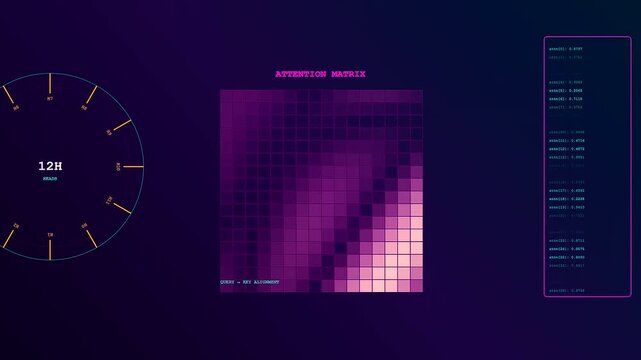 Futuristic digital interface abstractly visualizing the LLM Thinking Process. Details complex attention matrix computations and brain activity data for advanced AI algorithm development.
