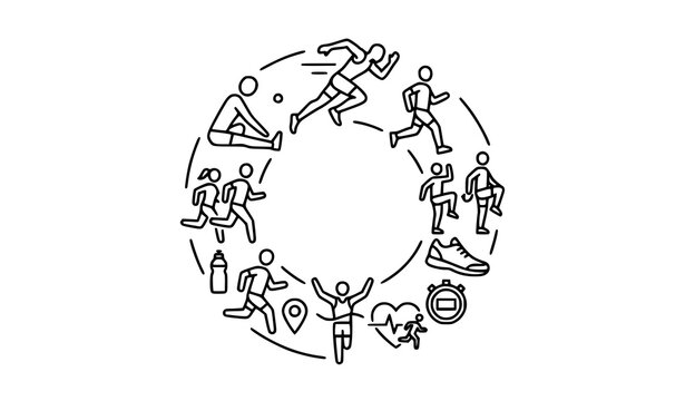 Running outline icons in circular layout with jogging athlete and exercise symbols for fitness and sports design