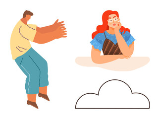 Fototapeta premium Thought, introspection, imagination, mental health, emotions, creativity. a man reaching forward, a woman pondering with hand on her face abstract cloud below. Introspection and imagination concept
