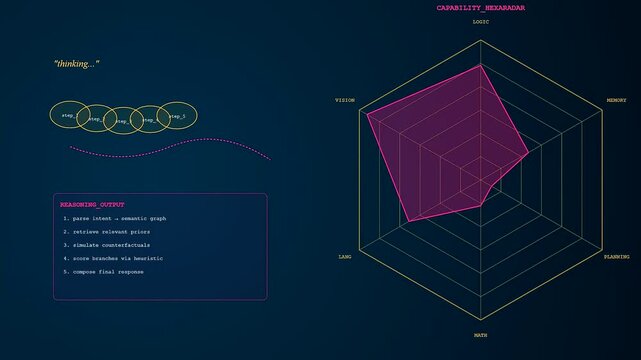 LLM Thinking Process dynamically visualized on a dark digital interface. Illustrates complex reasoning steps, capability evolution across cognitive axes, and progressive analytical output displays.