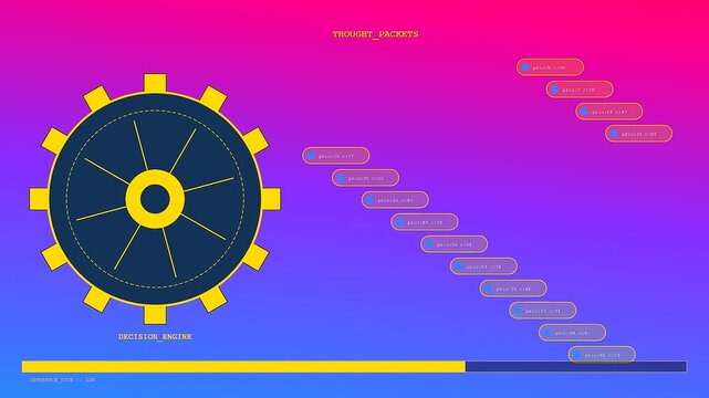 A detailed LLM Thinking Process animation illustrates a digital decision engine actively processing incoming thought packets, with a confidence bar dynamically filling up on a colorful background.