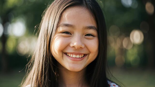Radiant Smile: A young girl's captivating grin, exuding pure joy and confidence, with her eyes sparkling with happiness and a genuine warmth that's simply infectious.