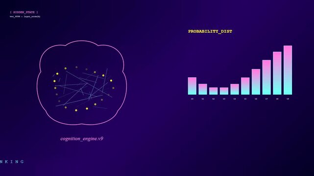 Digital LLM Thinking Process elegantly shows inference pipelines, dynamic probability distributions, and active computational learning occurring within a complex simulated brain structure.