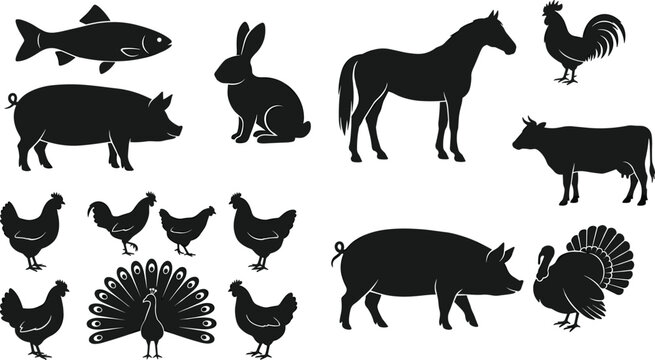 Farm and domestic animal silhouette collection featuring horse, pig, rabbit, poultry, fish, and livestock isolated